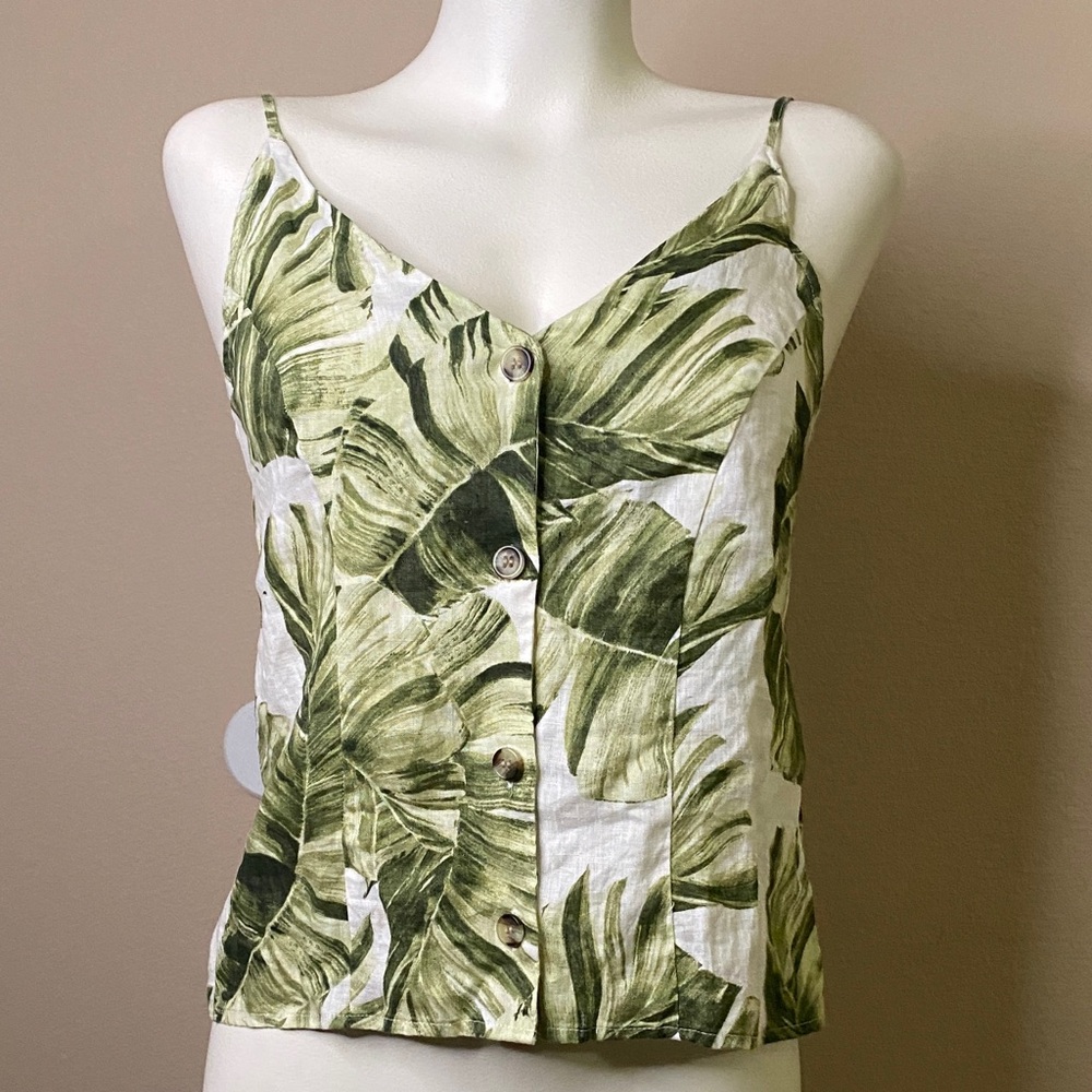 H&M Green Leaf Print linen Button-Front summer Cami shirt Top S 💚